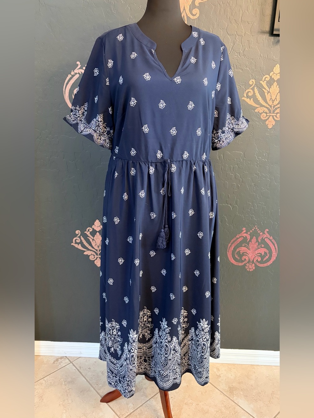 BloomChic Navy Maxi Dress with White Border Print